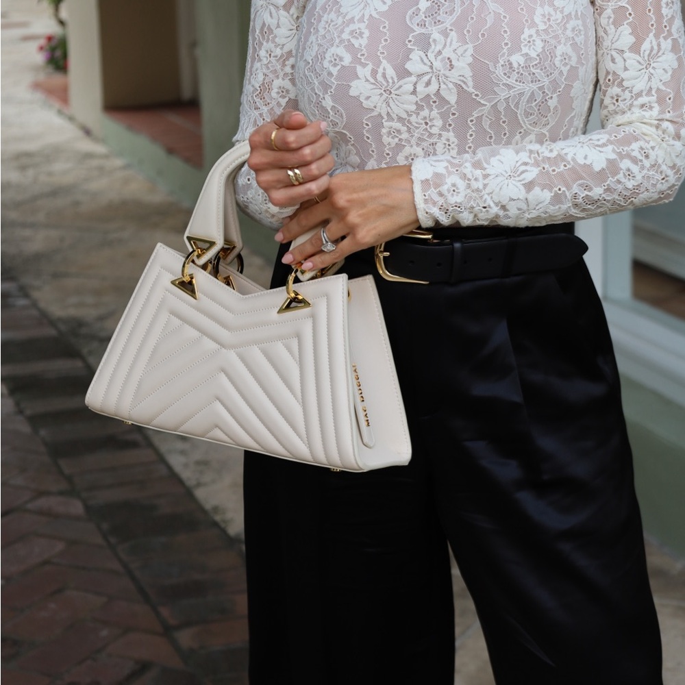 Mac Duggal Quilted Napa Leather Angular Handbag in Cream